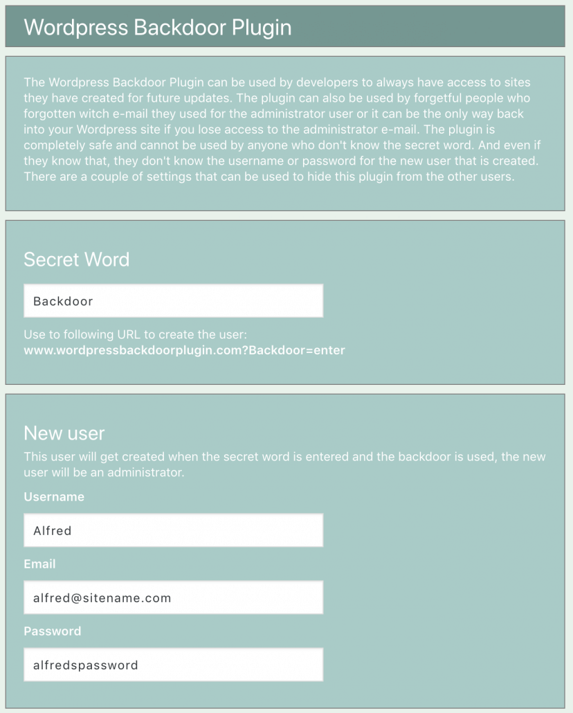 wbp-preview1 Image of the settings page in Wordpress Backdoor plugin