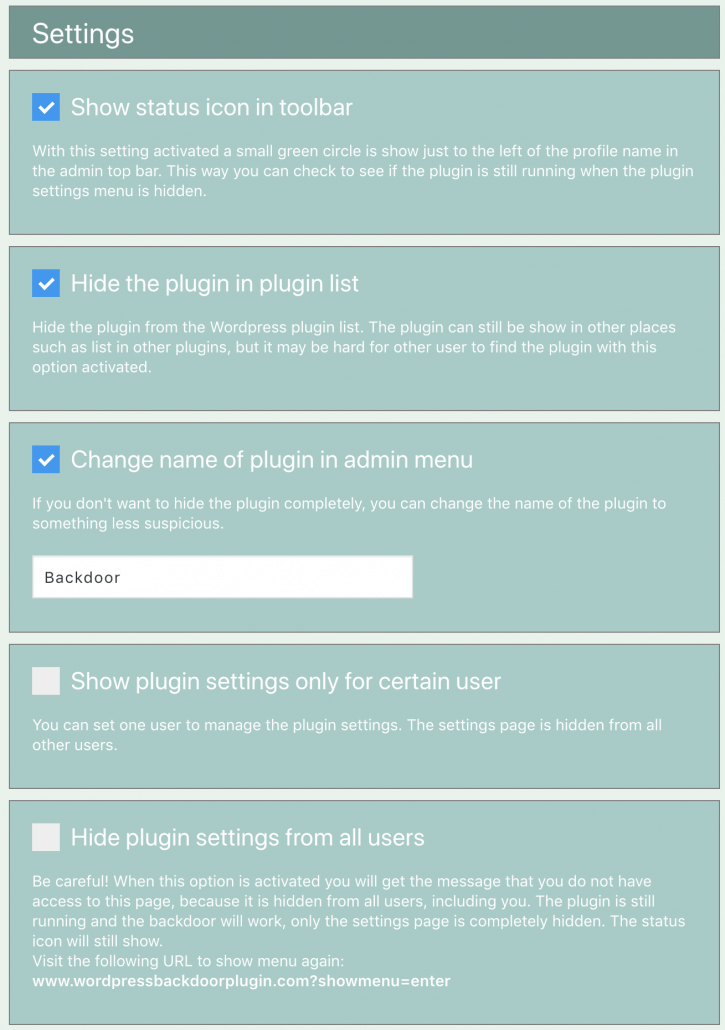 Image of the settings page in Wordpress Backdoor plugin